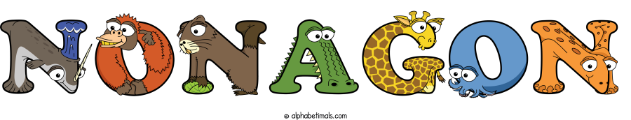 Nonagon animal word art spelling Nonagon with Alphabetimals - cartoon alphabet animals