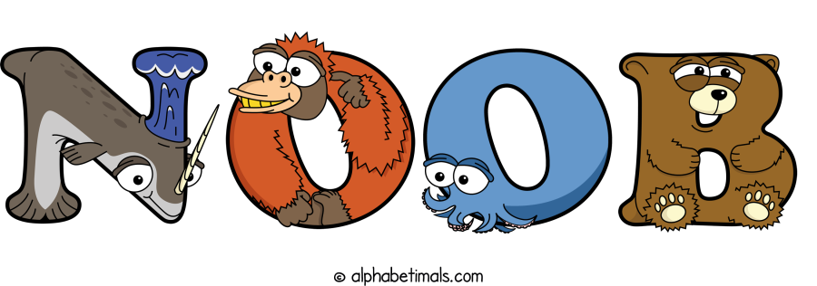 Noob animal word art spelling Noob with Alphabetimals - cartoon alphabet animals