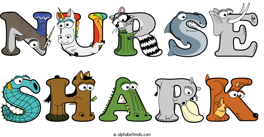 Nurse Shark animal word art spelling Nurse Shark with Alphabetimals - cartoon alphabet animals