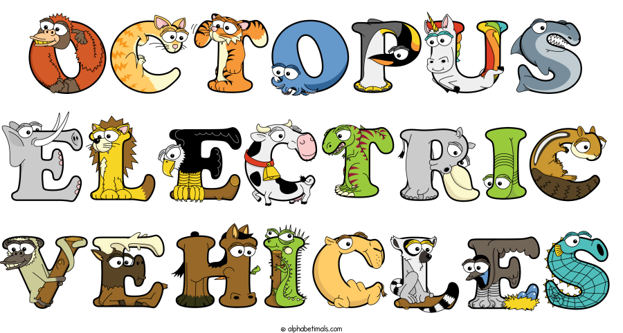 Octopus Electric Vehicles animal word art spelling Octopus Electric Vehicles with Alphabetimals - cartoon alphabet animals