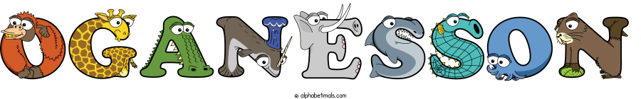 Oganesson animal word art spelling Oganesson with Alphabetimals - cartoon alphabet animals