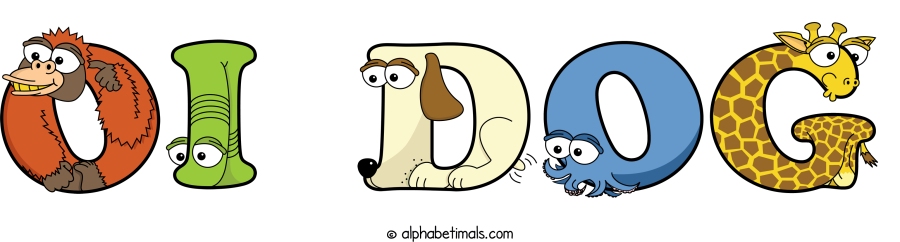 Oi Dog animal word art spelling Oi Dog with Alphabetimals - cartoon alphabet animals
