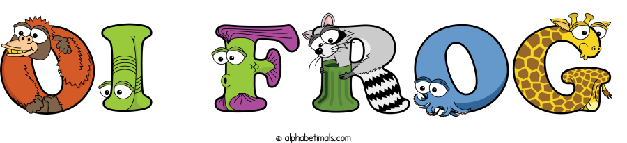 Oi Frog animal word art spelling Oi Frog with Alphabetimals - cartoon alphabet animals
