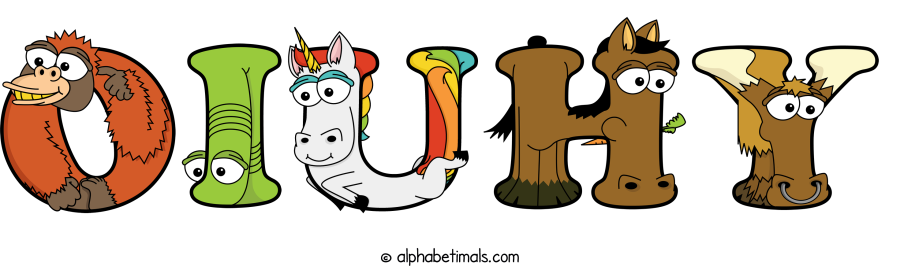 Oiuhy animal word art spelling Oiuhy with Alphabetimals - cartoon alphabet animals