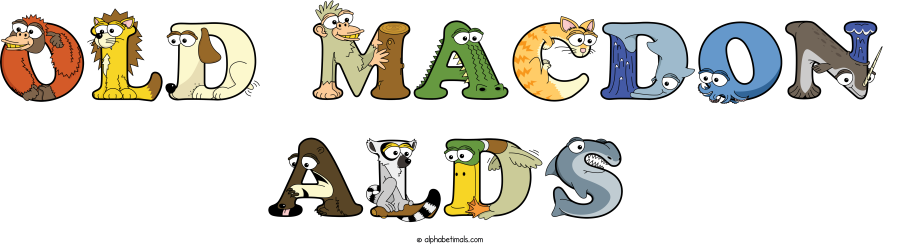 Old Macdon Alds animal word art spelling Old Macdon Alds with Alphabetimals - cartoon alphabet animals