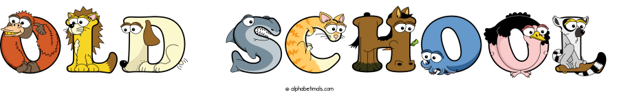 Old School animal word art spelling Old School with Alphabetimals - cartoon alphabet animals