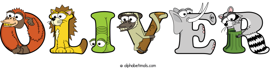 Oliver animal word art spelling Oliver with Alphabetimals - cartoon alphabet animals