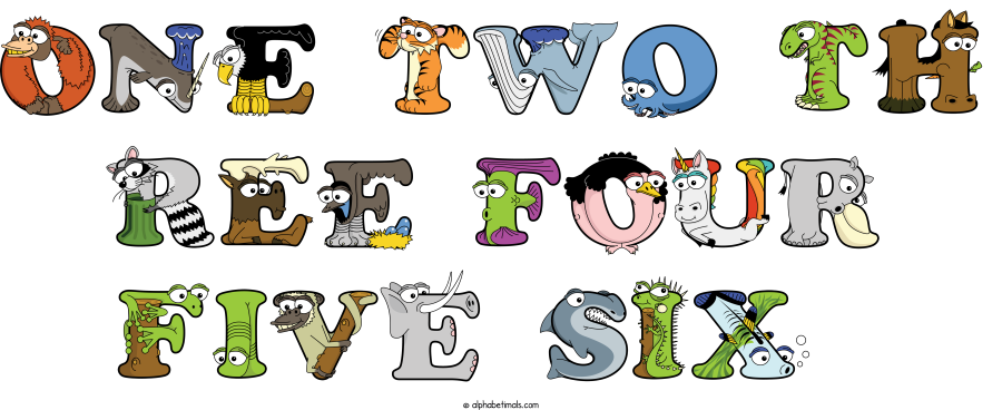 One Two Th Ree Four Five Six animal word art spelling One Two Th Ree Four Five Six with Alphabetimals - cartoon alphabet animals