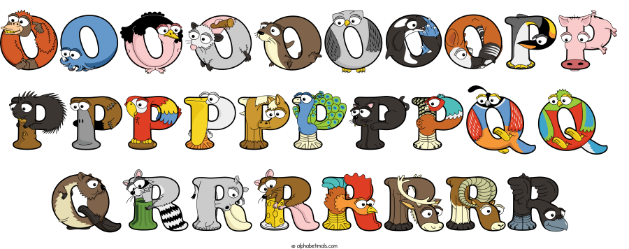 Oooooooopp Ppppppppqq Qrrrrrrr animal word art spelling Oooooooopp Ppppppppqq Qrrrrrrr with Alphabetimals - cartoon alphabet animals