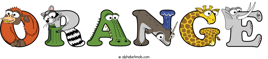 Orange animal word art spelling Orange with Alphabetimals - cartoon alphabet animals