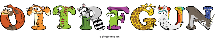 Ottrfgun animal word art spelling Ottrfgun with Alphabetimals - cartoon alphabet animals
