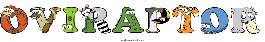 Oviraptor animal word art spelling Oviraptor with Alphabetimals - cartoon alphabet animals