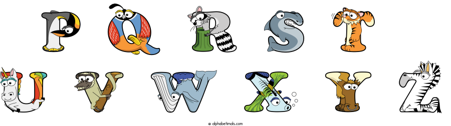 P Q R S T  U V W X Y Z animal word art spelling P Q R S T  U V W X Y Z with Alphabetimals - cartoon alphabet animals