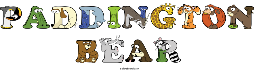 Paddington Bear animal word art spelling Paddington Bear with Alphabetimals - cartoon alphabet animals