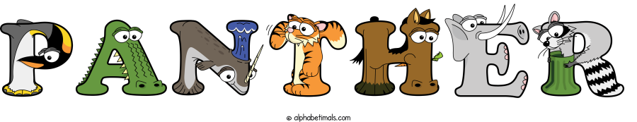 Panther animal word art spelling Panther with Alphabetimals - cartoon alphabet animals