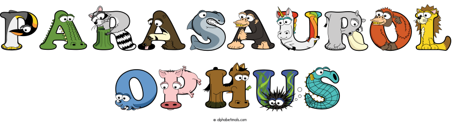 Parasaurol Ophus animal word art spelling Parasaurol Ophus with Alphabetimals - cartoon alphabet animals