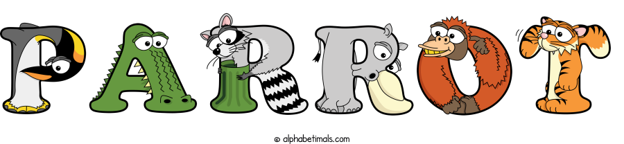 Parrot animal word art spelling Parrot with Alphabetimals - cartoon alphabet animals