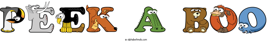 Peek A Boo animal word art spelling Peek A Boo with Alphabetimals - cartoon alphabet animals