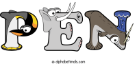pen spelled using animal alphabet letters