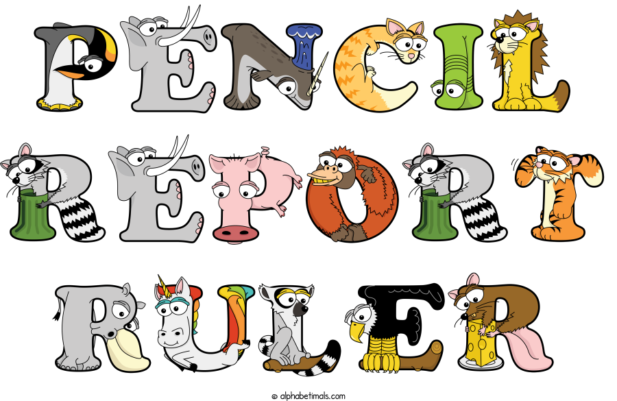 Pencil Report Ruler animal word art spelling Pencil Report Ruler with Alphabetimals - cartoon alphabet animals