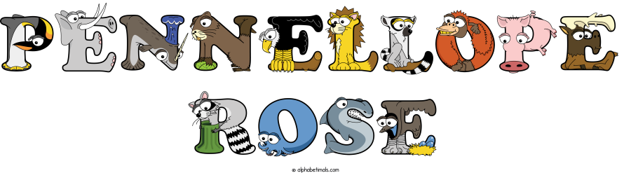 Pennellope Rose animal word art spelling Pennellope Rose with Alphabetimals - cartoon alphabet animals