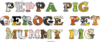 peppa-pig--geroge-pet-mummy-pig spelled using animal alphabet letters
