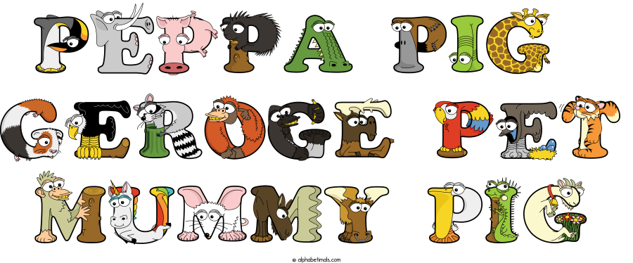 Peppa Pig  Geroge Pet Mummy Pig animal word art spelling Peppa Pig  Geroge Pet Mummy Pig with Alphabetimals - cartoon alphabet animals
