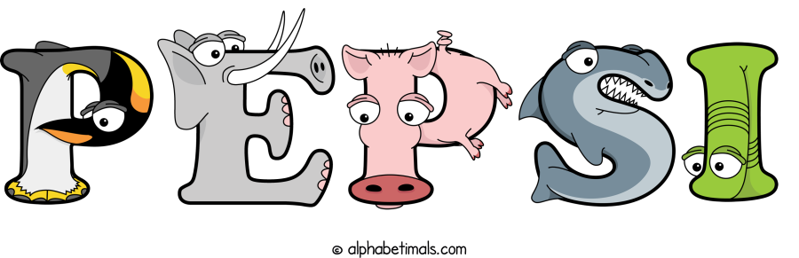 Pepsi animal word art spelling Pepsi with Alphabetimals - cartoon alphabet animals