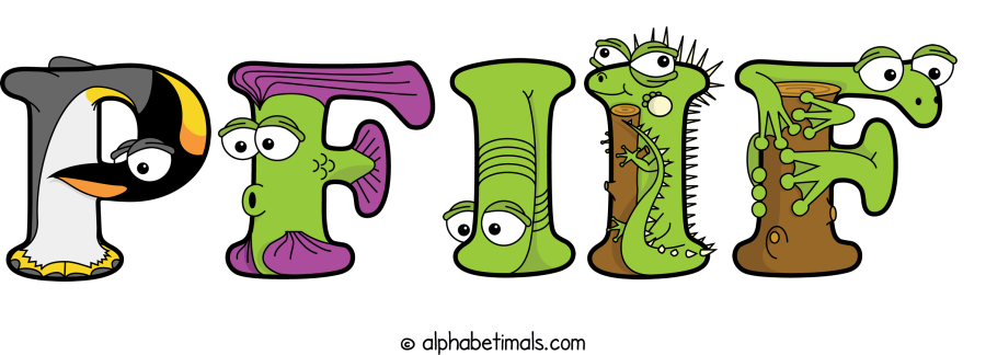 Pfiif animal word art spelling Pfiif with Alphabetimals - cartoon alphabet animals