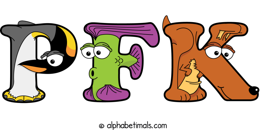 Pfk animal word art spelling Pfk with Alphabetimals - cartoon alphabet animals