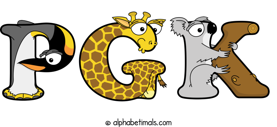 Pgk animal word art spelling Pgk with Alphabetimals - cartoon alphabet animals