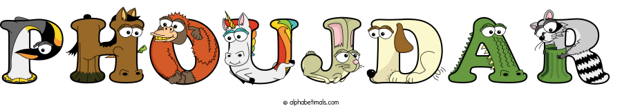 Phoujdar animal word art spelling Phoujdar with Alphabetimals - cartoon alphabet animals