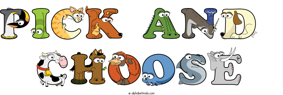 Pick And  Choose animal word art spelling Pick And  Choose with Alphabetimals - cartoon alphabet animals