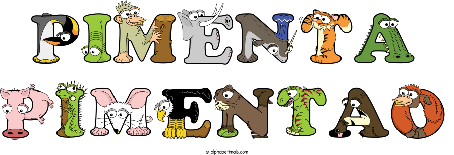 Pimenta Pimentao animal word art spelling Pimenta Pimentao with Alphabetimals - cartoon alphabet animals