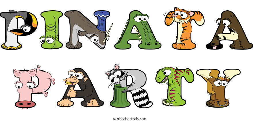 Pinata Party animal word art spelling Pinata Party with Alphabetimals - cartoon alphabet animals