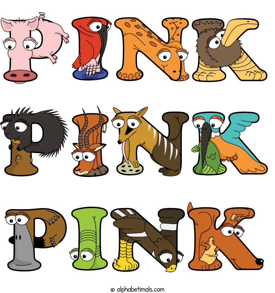 Pink Pink Pink animal word art spelling Pink Pink Pink with Alphabetimals - cartoon alphabet animals