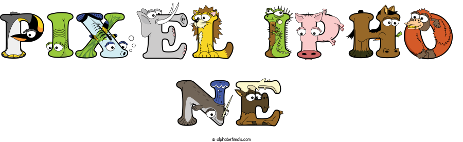 Pixel Ipho Ne animal word art spelling Pixel Ipho Ne with Alphabetimals - cartoon alphabet animals