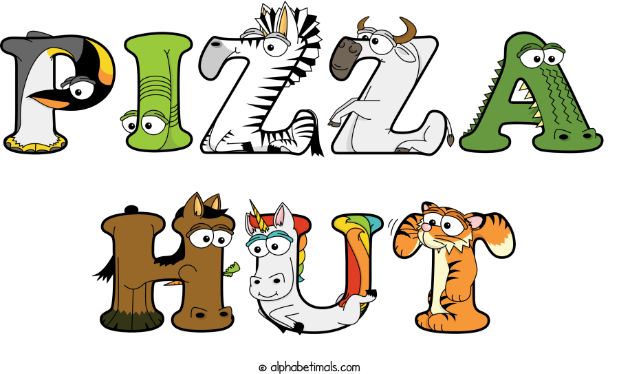 Pizza Hut animal word art spelling Pizza Hut with Alphabetimals cartoon alphabet animals