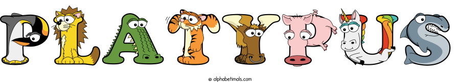 Platypus animal word art spelling Platypus with Alphabetimals - cartoon alphabet animals