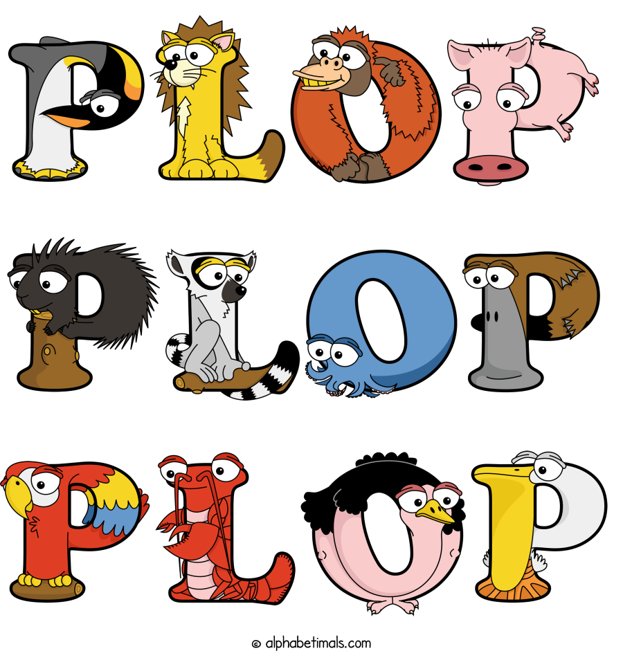 Plop Plop Plop animal word art spelling Plop Plop Plop with Alphabetimals - cartoon alphabet animals
