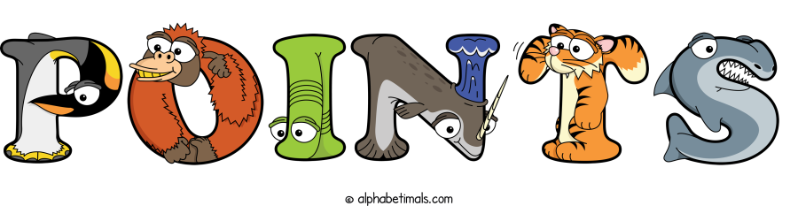 Points animal word art spelling Points with Alphabetimals - cartoon alphabet animals