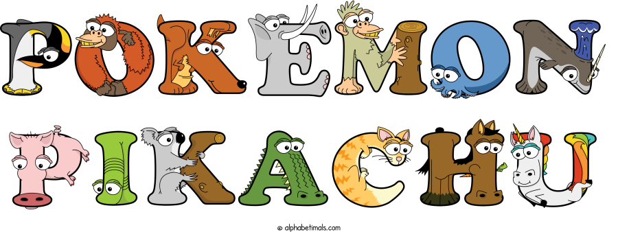 Pokemon Pikachu animal word art spelling Pokemon Pikachu with Alphabetimals - cartoon alphabet animals