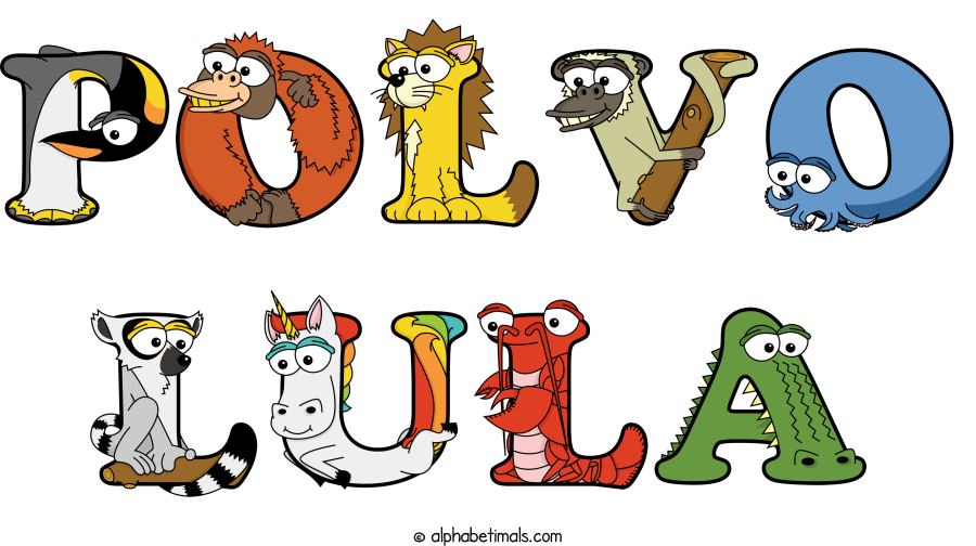 Polvo Lula animal word art spelling Polvo Lula with Alphabetimals - cartoon alphabet animals