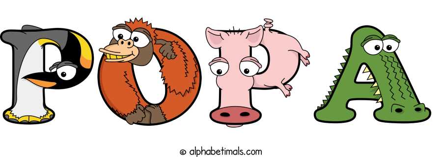 Popa animal word art spelling Popa with Alphabetimals - cartoon alphabet animals