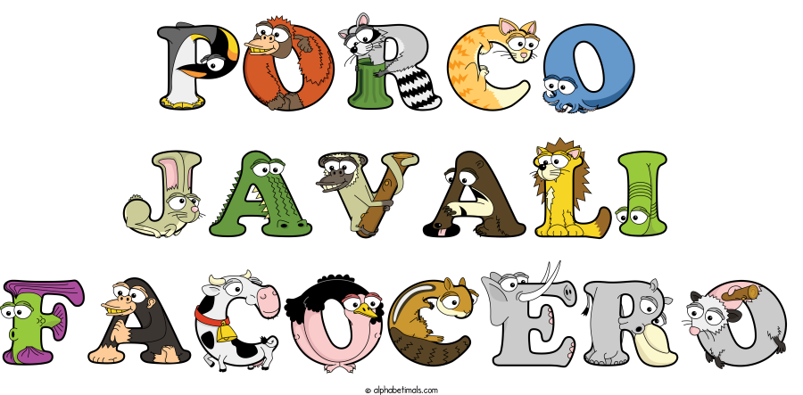 Porco Javali Facocero animal word art spelling Porco Javali Facocero with Alphabetimals - cartoon alphabet animals
