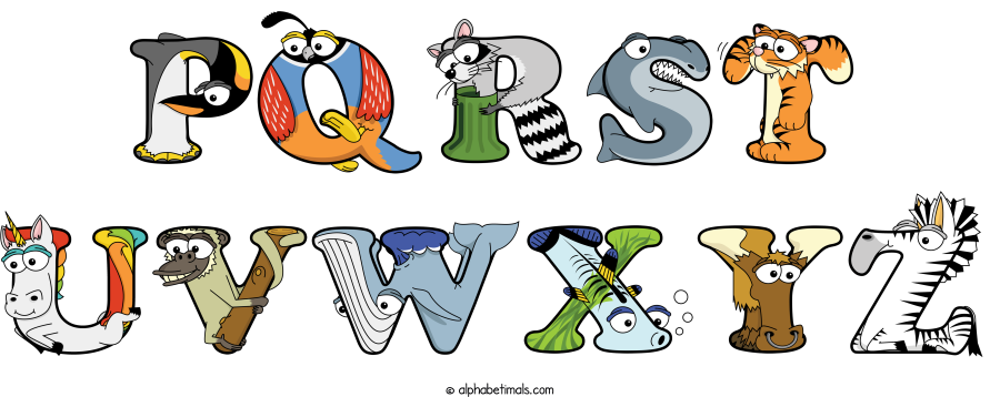 Pqrst Uvwxyz animal word art spelling Pqrst Uvwxyz with Alphabetimals - cartoon alphabet animals