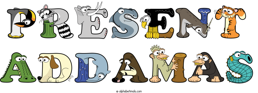Present Addamas animal word art spelling Present Addamas with Alphabetimals - cartoon alphabet animals