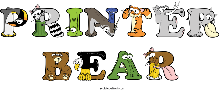 Printer Bear animal word art spelling Printer Bear with Alphabetimals - cartoon alphabet animals
