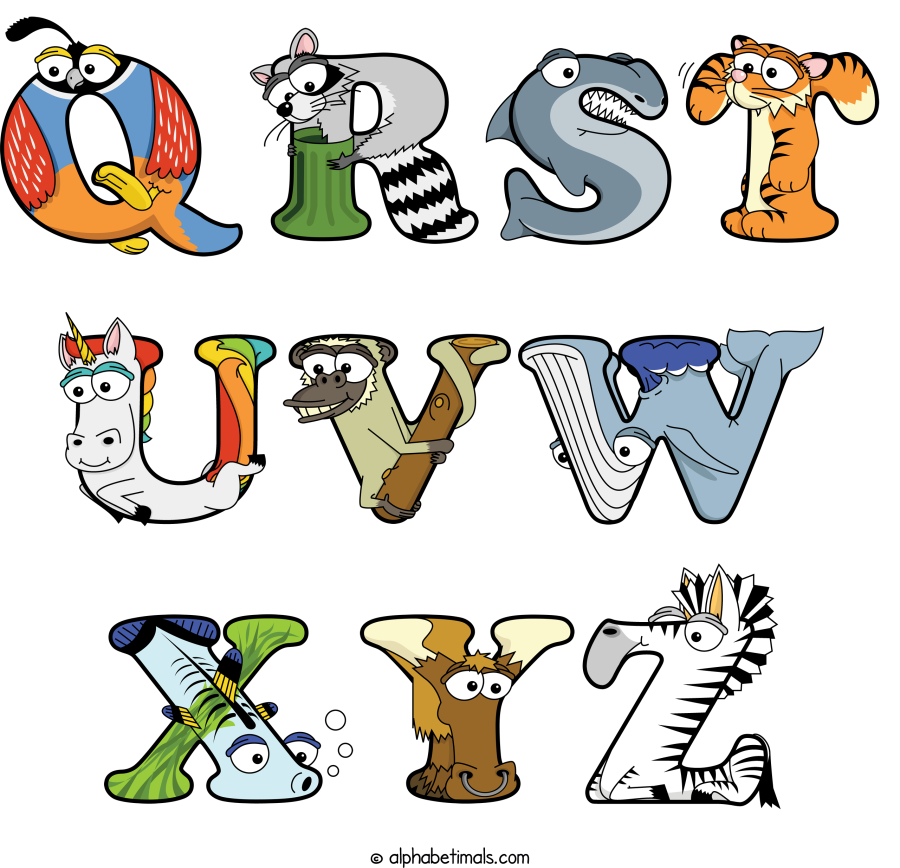 Qrst Uvw Xyz animal word art spelling Qrst Uvw Xyz with Alphabetimals - cartoon alphabet animals