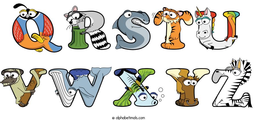 Qrstu Vwxyz animal word art spelling Qrstu Vwxyz with Alphabetimals - cartoon alphabet animals